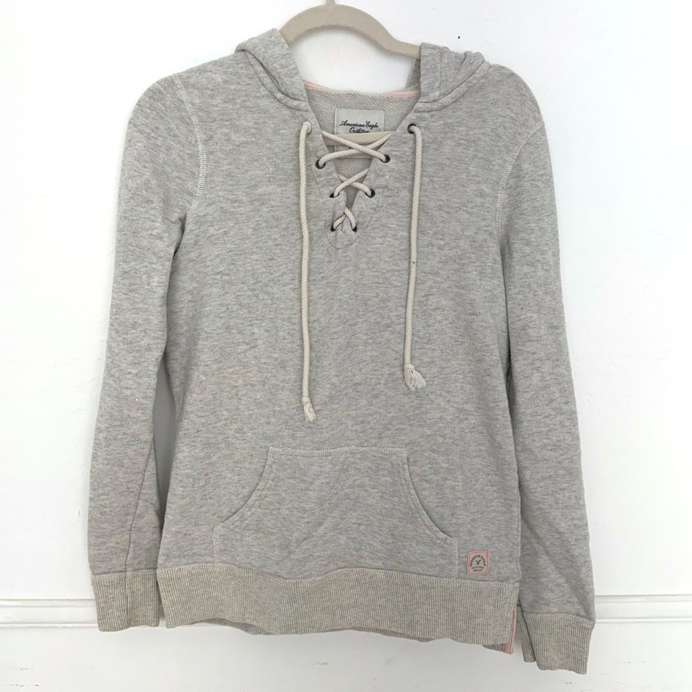 American Eagle Hoodie Women Small Grey Lace Up V-Neck Pullover Sweatshirt Cotton